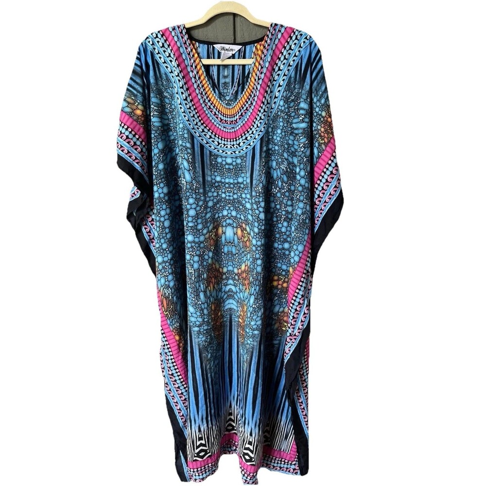 VTG Winlar Kaftan Dress Mumu Roper Romp Blue/Pink/Black Floral/Tribal Print